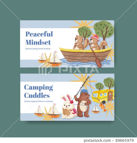 Tweet template with animal camping summer concept,watercolor style Tweet template with animal camping summer concept,watercolor style 89665979