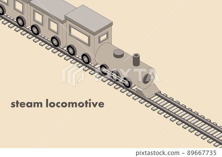 A simple, sepia isometric illustration of a steam locomotive and railroad tracks. A simple, sepia isometric illustration of a steam locomotive and railroad tracks. 89667735