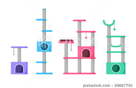 Cat trees and scratching posts set. Cat playground with claw sharpeners. Pet tower with rope posts. Supplies and accessories for domestic pets. Flat style vector 89667792