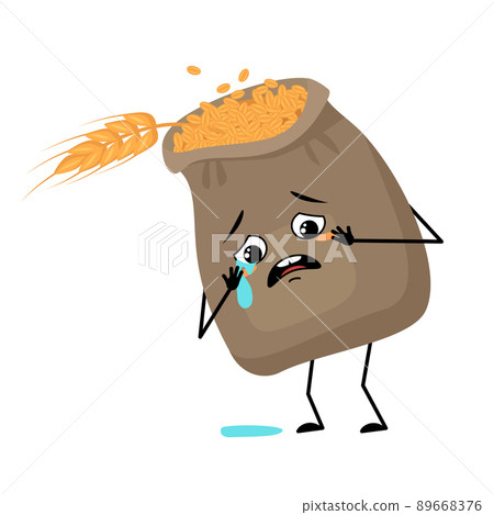 Cute sack of wheat and ear character with crying and tears emotion, sad face, depressive eyes, arms and legs. Cereal crop with melancholy facial expression and pose. Vector flat illustration Cute sack of wheat and ear character with crying and tears emotion, sad face, depressive eyes, arms and legs. Cereal crop with melancholy facial expression and pose. Vector flat illustration 89668376