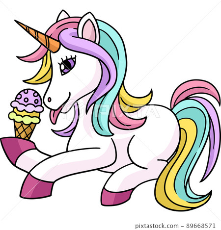 Unicorn Eating Ice Cream Cartoon Colored Clipart - Stock Illustration  [89668571] - PIXTA