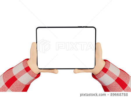 Cartoon student character using tablet high quality mock-up 3D style illustration. Hands holding 89668788