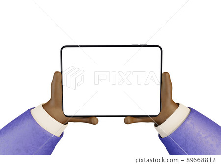 Cartoon business character using tablet high quality mock-up 3D style illustration. Black hands in 89668812