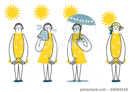 一組夏日烈日下汗流浹背的女性，撐起陽傘，戴上草帽禦寒。 89669430