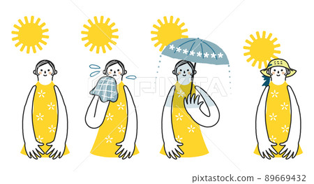 A set of women who sweat under the summer sun, put on a parasol, and wear a straw hat to keep out the heat. A set of women who sweat under the summer sun, put on a parasol, and wear a straw hat to keep out the heat. 89669432