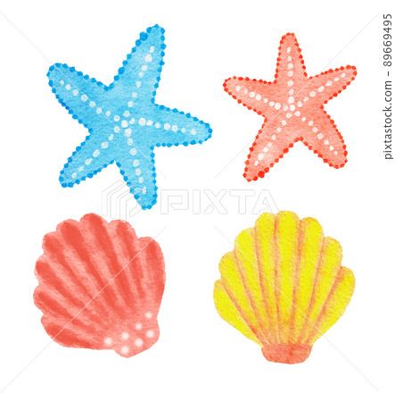 Watercolor hand drawn illustration of starfish blue and red pink colors, sea shells in orange yellow. Nature oceac sea seashore life, summer vacation holiday getaway elements, marine life isolated Watercolor hand drawn illustration of starfish blue and red pink colors, sea shells in orange yellow. Nature oceac sea seashore life, summer vacation holiday getaway elements, marine life isolated 89669495
