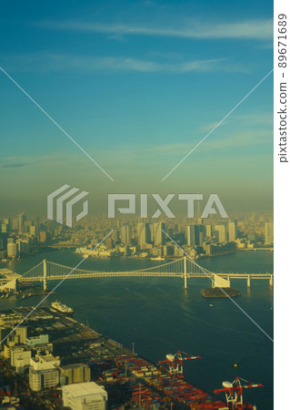 Sky Tree Rainbow Bridge Odaiba Tokyo city center aerial photograph Aircraft window scenery From the airplane window Sky Tree Rainbow Bridge Odaiba Tokyo city center aerial photograph Aircraft window scenery From the airplane window 89671689