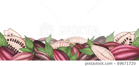Banner with Ripe Cocoa pod with beans and leaves. Watercolor borders. Illustration for packaging,template, menu, poster 89671720