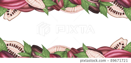 Frame with Ripe Cocoa pod with beans and leaves. Watercolor banner. Illustration for packaging,template, menu, poster Frame with Ripe Cocoa pod with beans and leaves. Watercolor banner. Illustration for packaging,template, menu, poster 89671721