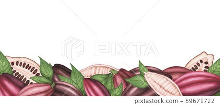 Border with Ripe Cocoa pod with beans and leaves. Watercolor banner. Illustration for packaging,template, menu, poster Border with Ripe Cocoa pod with beans and leaves. Watercolor banner. Illustration for packaging,template, menu, poster 89671722