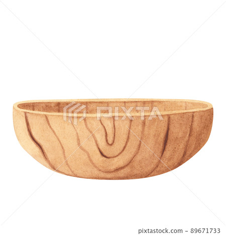 Wooden plate, bowl isolated on white background. Watercolor hand drawn illustration. Art for design, textiles, menu Wooden plate, bowl isolated on white background. Watercolor hand drawn illustration. Art for design, textiles, menu 89671733