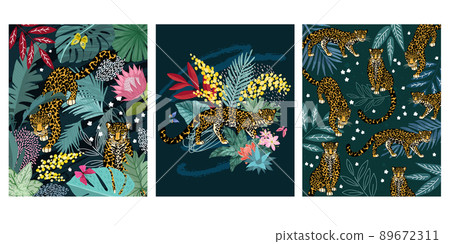 Set of three cards with tropical leaves and jaguar 89672311