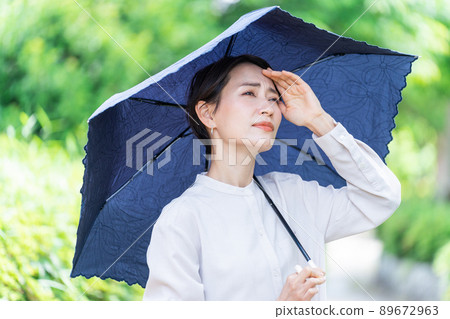 Woman with a parasol (UV protection, sunscreen, UV care, heat stroke protection, sun allergy, poor physical condition) Woman with a parasol (UV protection, sunscreen, UV care, heat stroke protection, sun allergy, poor physical condition) 89672963