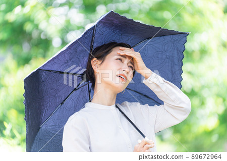 Woman with a parasol (UV protection, sunscreen, UV care, heat stroke protection, sun allergy, poor physical condition) Woman with a parasol (UV protection, sunscreen, UV care, heat stroke protection, sun allergy, poor physical condition) 89672964