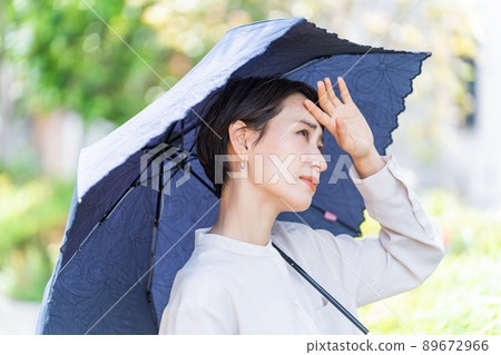Woman with a parasol (UV protection, sunscreen, UV care, heat stroke protection, sun allergy, poor physical condition) 89672966