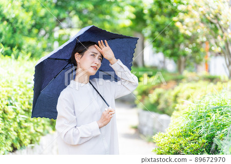 Woman with a parasol (UV protection, sunscreen, UV care, heat stroke protection, sun allergy, poor physical condition) Woman with a parasol (UV protection, sunscreen, UV care, heat stroke protection, sun allergy, poor physical condition) 89672970