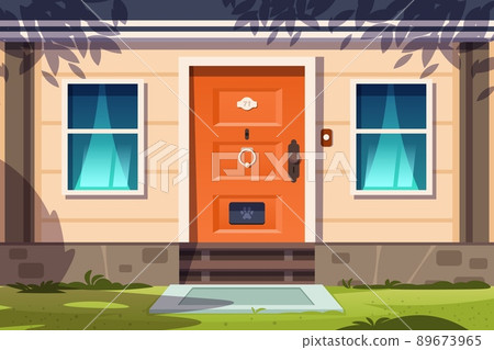 Cottage facade. Cartoon country house front exterior with entrance windows and doorstep. Vector rural home facade illustration Cottage facade. Cartoon country house front exterior with entrance windows and doorstep. Vector rural home facade illustration 89673965