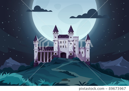 Evening cartoon castle. Medieval fairytale fortress at night, magic landscape with royal palace. Vector kingdom capital scene Evening cartoon castle. Medieval fairytale fortress at night, magic landscape with royal palace. Vector kingdom capital scene 89673967