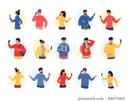 People talking on phone. Emotional characters communicating on smartphones, different reaction on conversation. Vector set People talking on phone. Emotional characters communicating on smartphones, different reaction on conversation. Vector set 89673968