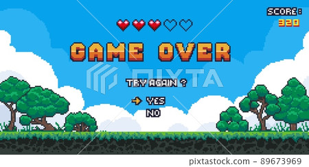 Game over background. Retro pixel 8 bit video game screen with score information, arcade landscape. Vector old classic game screen concept 89673969