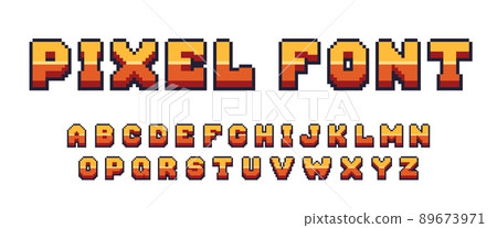 Pixel game font. Arcade 8 bit alphabet symbols, retro console text elements, 80s type letters. Vector computer and video game comic letter set Pixel game font. Arcade 8 bit alphabet symbols, retro console text elements, 80s type letters. Vector computer and video game comic letter set 89673971