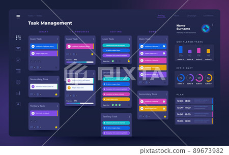 Planner app UI. Task manager and project organizer with dashboard and infographic elements. Vector dark web application interface design 89673982