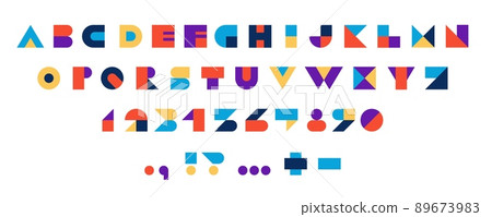 Geometric alphabet. Modern abstract typeface with numbers and punctuation marks, stylized colorful typography characters. Vector set Geometric alphabet. Modern abstract typeface with numbers and punctuation marks, stylized colorful typography characters. Vector set 89673983