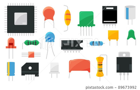 Electric circuit component. Capacitor transistor resistor conductor semiconductor electronic parts. Vector electric hardware element isolated set 89673992