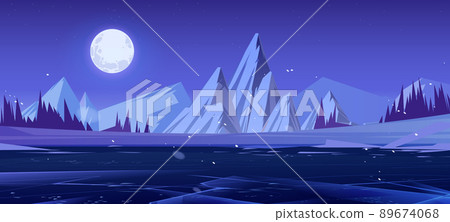 Winter landscape with ice and mountains at night 89674068