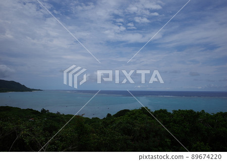 The blue sea of the Pacific Ocean surrounded by the Hirakubo Peninsula and coral reefs as seen from the Tamatorizaki Observatory The blue sea of the Pacific Ocean surrounded by the Hirakubo Peninsula and coral reefs as seen from the Tamatorizaki Observatory 89674220