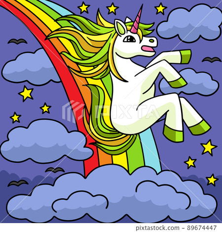 Unicorn Sliding Over The Rainbow Illustration Unicorn Sliding Over The Rainbow Illustration 89674447