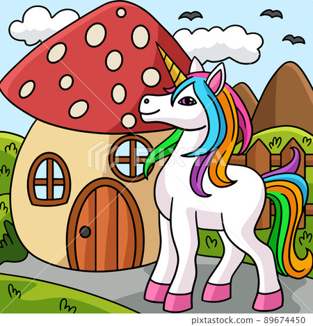 Unicorn In Front Of Mushroom Colored Illustration 89674450