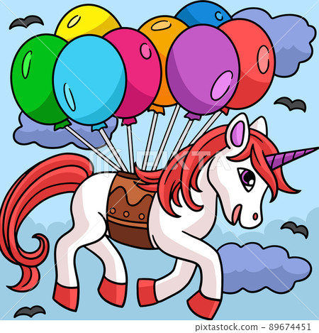 Unicorn Floating With The Balloons Illustration 89674451