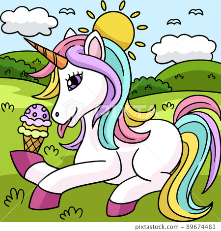 Unicorn Eating Ice Cream Colored Illustration 89674481