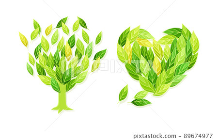 Shaped Green Leaf Arrangement in Heart and Tree Crown Vector Set Shaped Green Leaf Arrangement in Heart and Tree Crown Vector Set 89674977