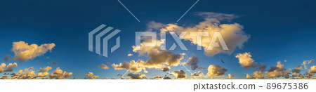 Dark blue sunset sky panorama with Cumulus clouds. Seamless hdr pano in spherical equirectangular format. Complete zenith for 3D visualization, game and sky replacement for aerial drone 360 panoramas. Dark blue sunset sky panorama with Cumulus clouds. Seamless hdr pano in spherical equirectangular format. Complete zenith for 3D visualization, game and sky replacement for aerial drone 360 panoramas. 89675386