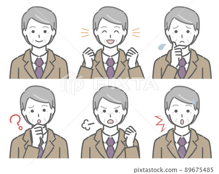 Various facial expressions of an elderly man in a suit 89675485