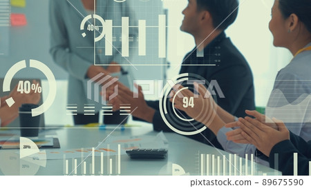 Business people in corporate staff meeting with envisional graphic Business people in corporate staff meeting with envisional graphic 89675590