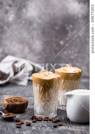 Dalgona whipped coffee with milk 89675803