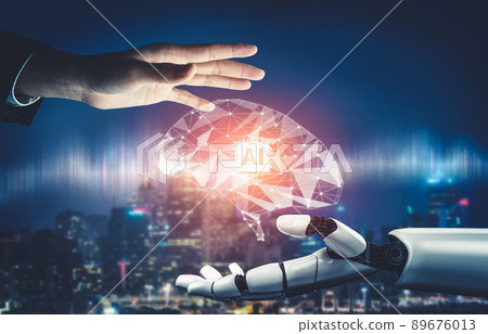 Futuristic AI thinking of droid robot artificial intelligence concept 89676013