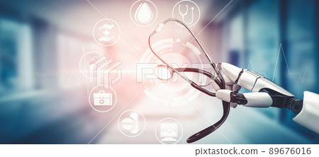Medical artificial intelligence droid robot working in future hospital 89676016
