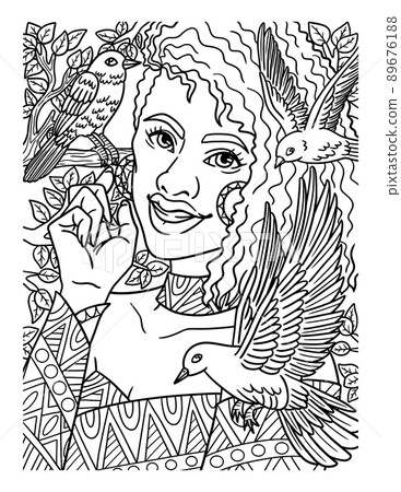 Afro American Woman With Bird Adult Coloring Page  89676188