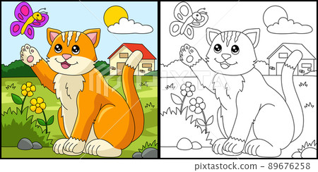 Cat Coloring Page Colored Illustration Cat Coloring Page Colored Illustration 89676258