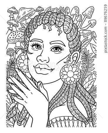 Afro American Woman Mushroom Adult Coloring 89676259