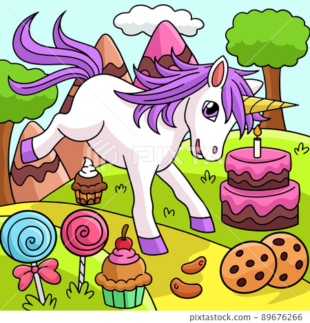 Unicorn In Candy Land Colored Cartoon Illustration 89676266