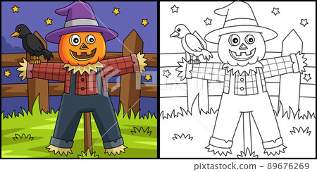 Scarecrow Halloween Coloring Page Illustration 89676269