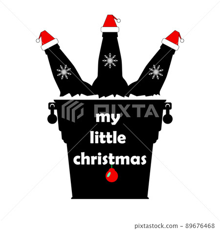 Christmas beer bottles in santa claus hats in a metal bucket with ice cubes and snowflakes . The inscription "my little christmas". Isolated vector new year illustration, icon on white background. 89676468