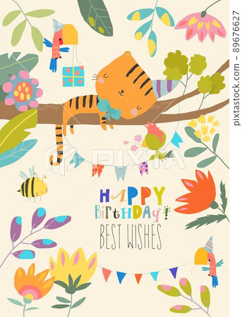 Cute Little Tiger celebrating birthday in Jungle 89676627