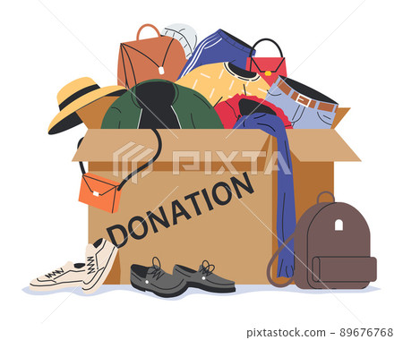 Cardboard Box full of Clothes and Accessories. 89676768