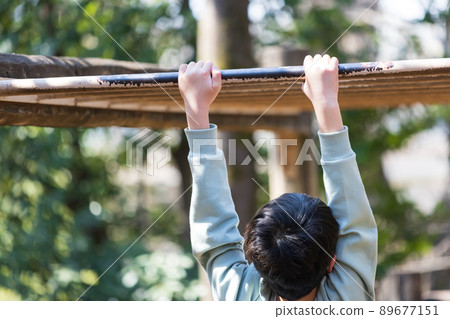 Boy playing well in the park Boy playing well in the park 89677151